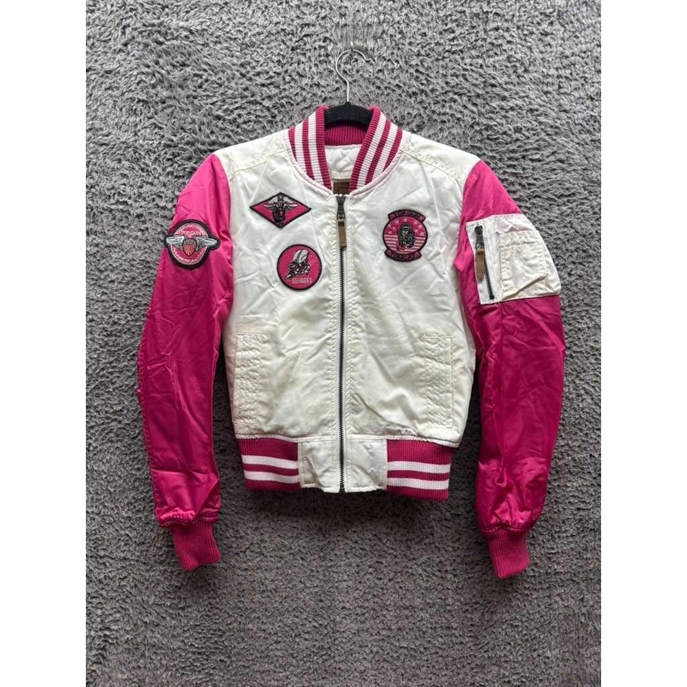 Top Gun Color Block MA-1 Aviator Bomber Jacket Hot‎ Pink White Womens Size S
